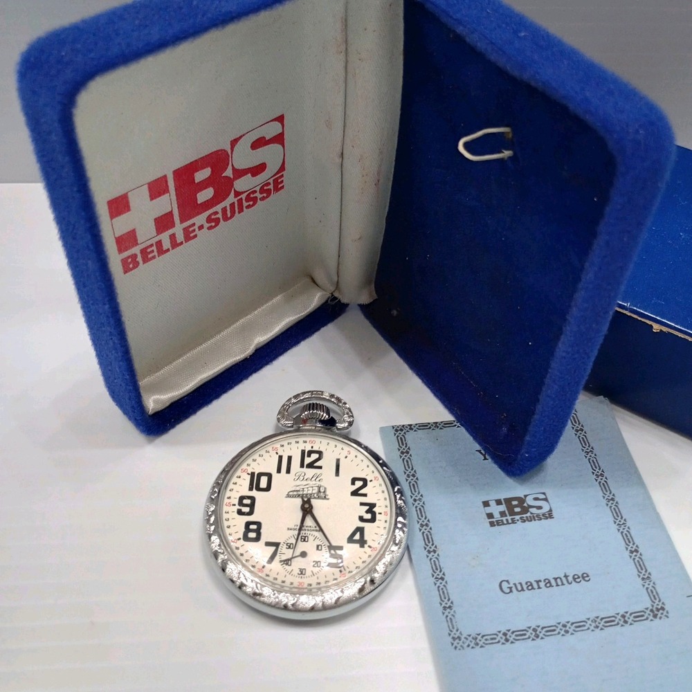 Belle-Suisse‎ Pocket Watch 17 Jewels Shock Absorber "Belle" Train Motif Vtg Box - Picture 2 of 16